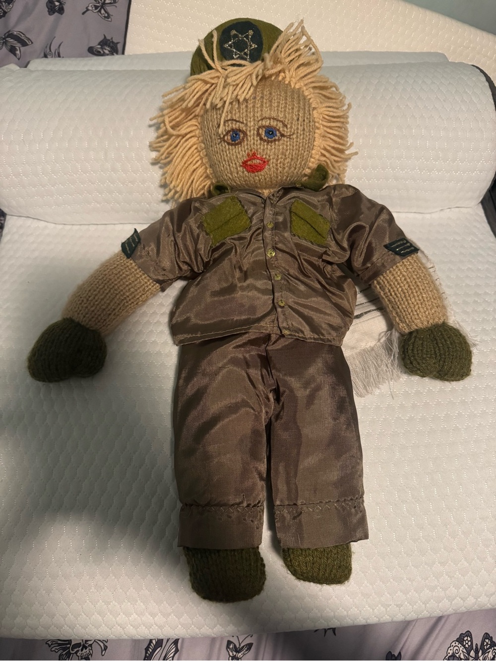 Handmade Knit Military Doll in Olive and Tan